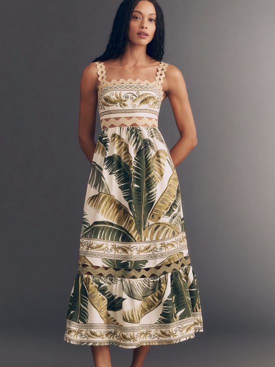 FARM Rio Dresses & Skirts - FARM Rio Cream Midi Dress with Green and Olive Leaf Print